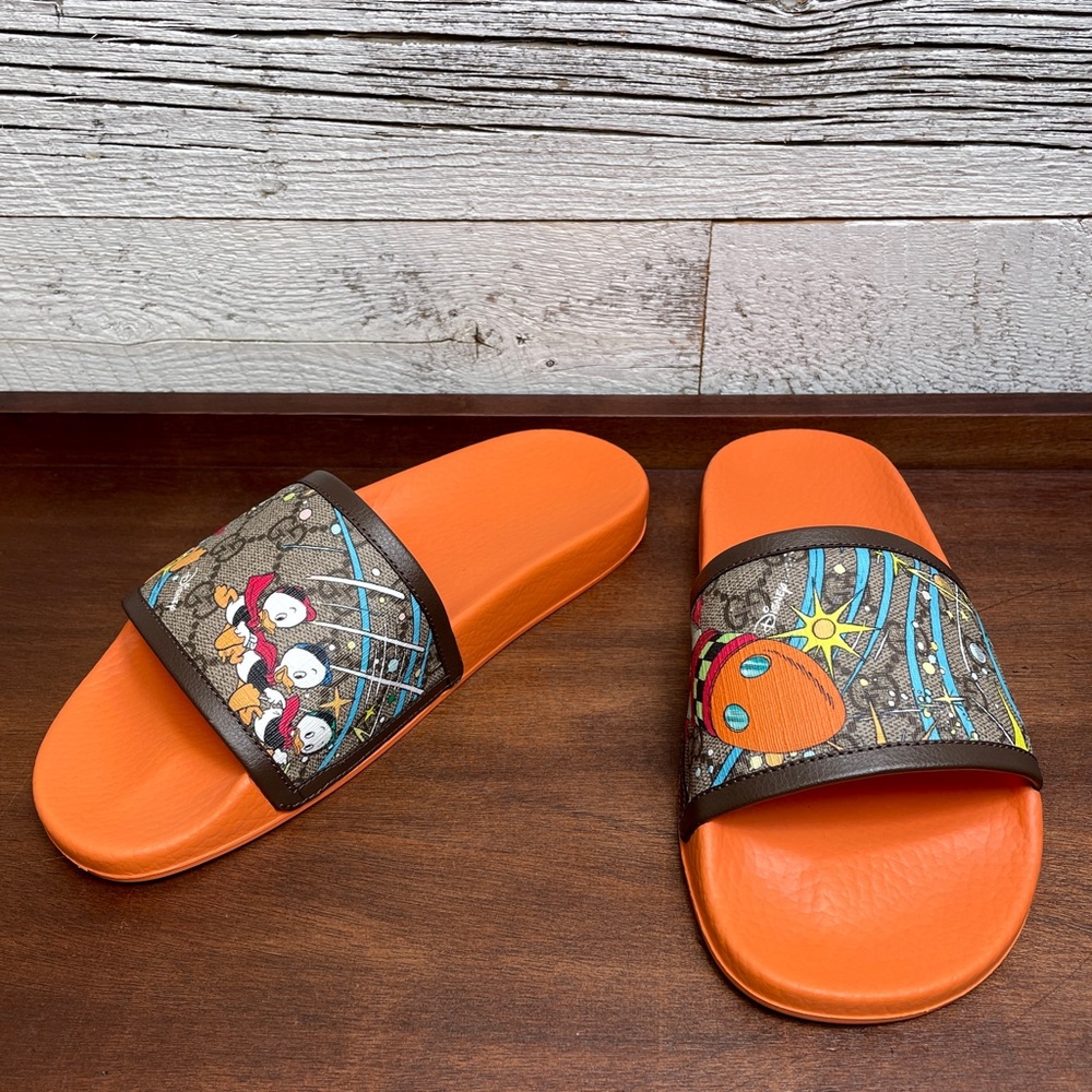 Gucci Donald Duck Beige Slide Disney GG Supreme Size 38 7.5 Sandal Orange 649655 - Picture 3 of 17